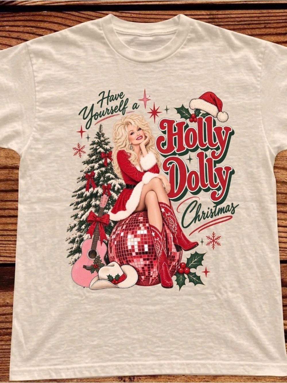 Gildan White 'Holly Dolly' Christmas Graphic Tee with Red & Green Artwork